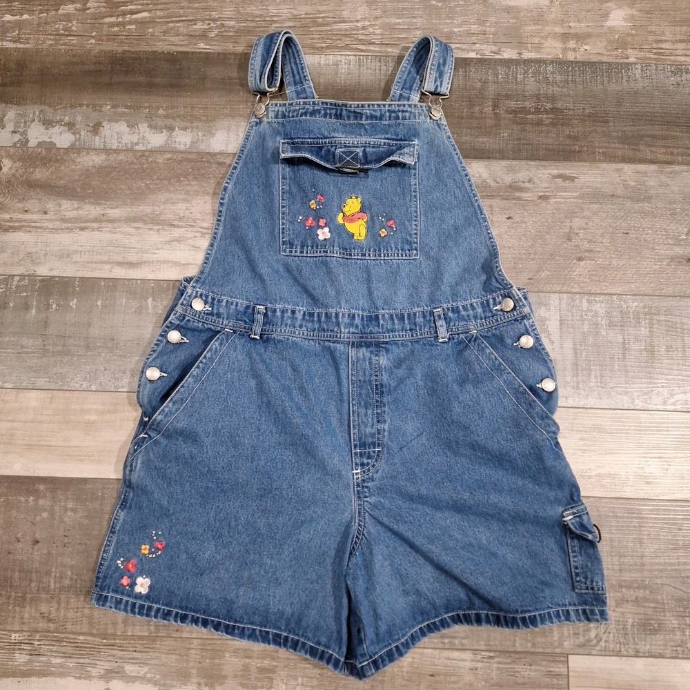 VTG Disney Store Winnie The Pooh 100% Cotton Blue Denim Short Overalls Womens L